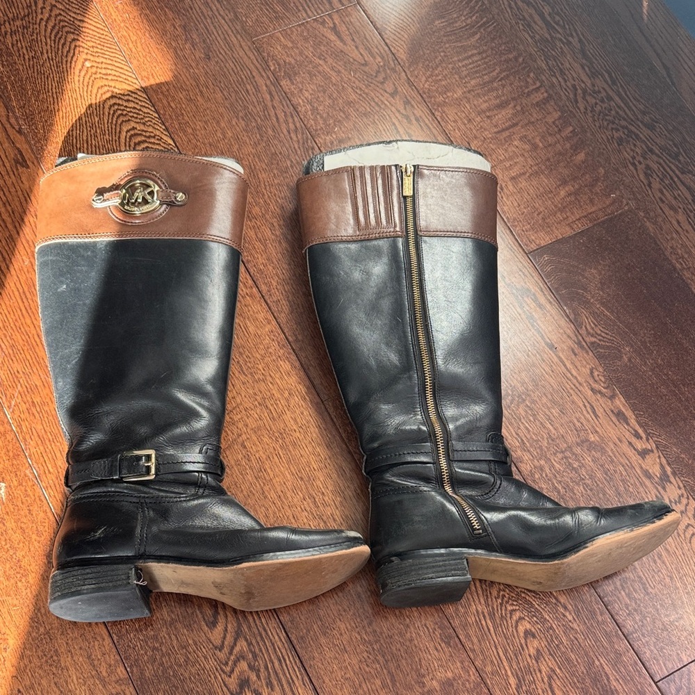 Michael Kors Black and Brown Leather Boots with Gold Logo